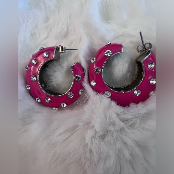 New Zara Statement Enamel in Bright Pink Hoops/Huggies with Silver Rhinestones - Picture 8 of 9